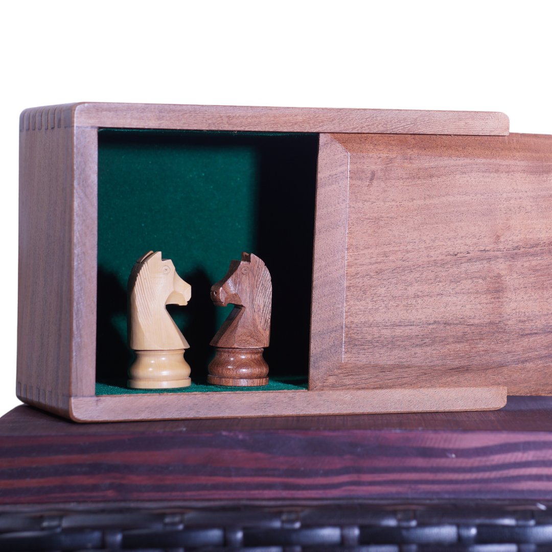 Combo of Tournament Series Staunton Wooden Chessmen with German Knight in  Ebonized Boxwood & Box Wood - 3 King with Sheesham Wood Chess Board and  Storage Pouch