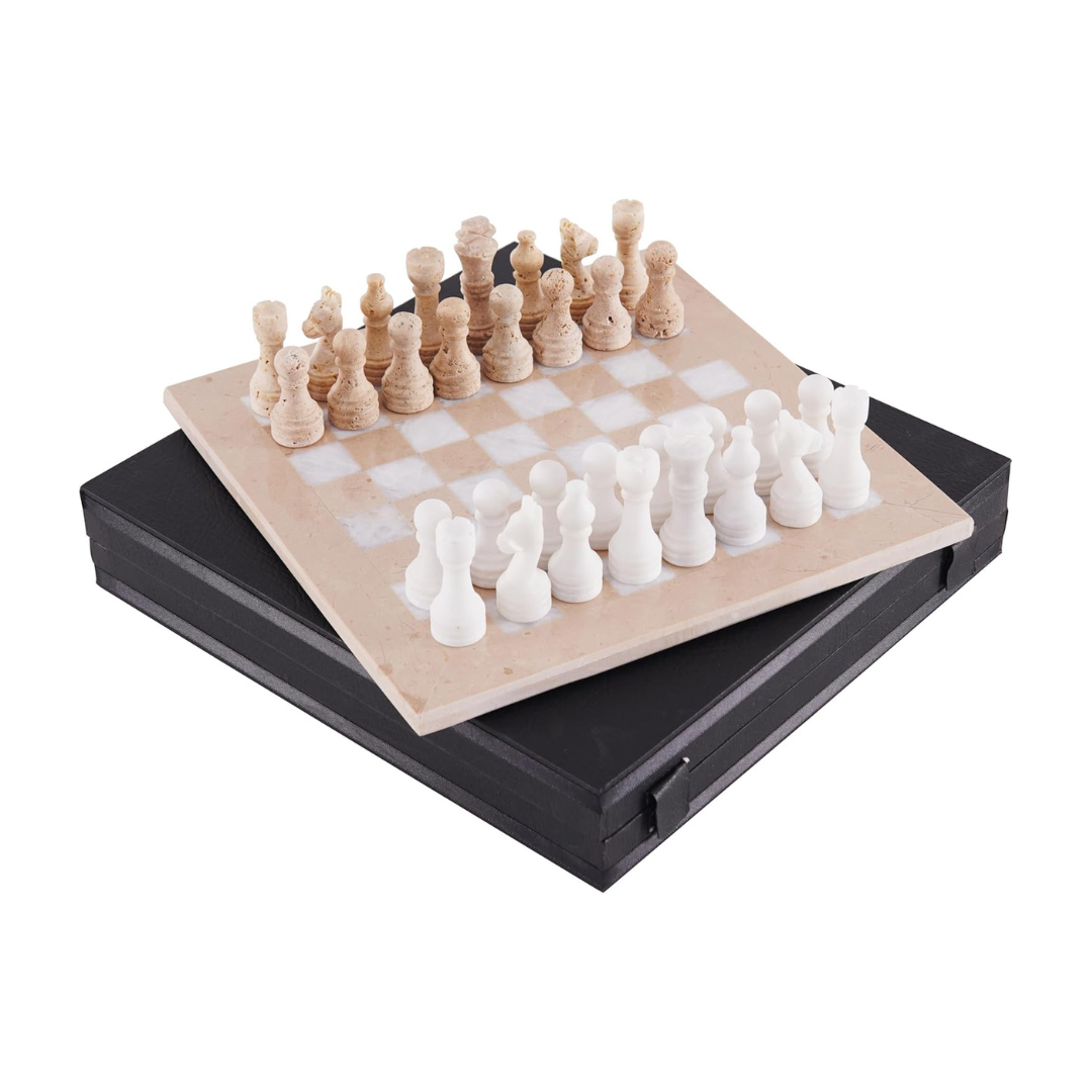 Marble Chess Set Verona and White with 2 Extra Queens and Complimentary Storage Box -15 Inches