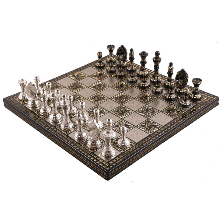 Staunton Inspired Brass Metal Luxury Chess Pieces & Board Set-12"-Silver & Black