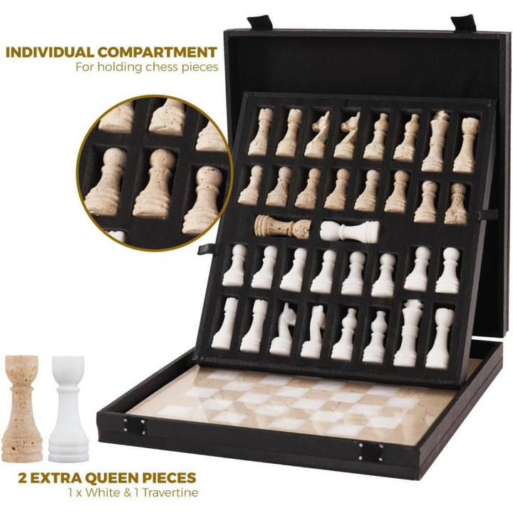 Marble Chess Set Verona and White with 2 Extra Queens and Complimentary Storage Box -15 Inches