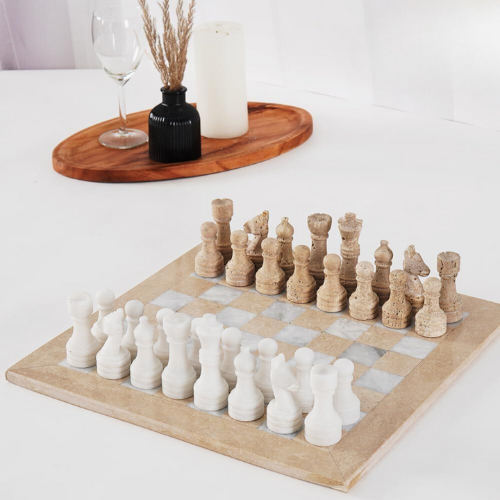 Marble Chess Set Verona and White with 2 Extra Queens and Complimentary Storage Box -15 Inches