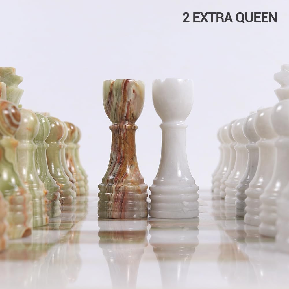 Handmade Marble Chess Set - 12" Board, 34 Handcrafted Pieces, Bonus Queens
