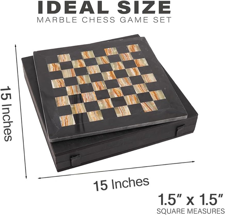 Handmade Marble Chess Set - 15" Board, 34 Hand-Polished Pieces, Storage Box