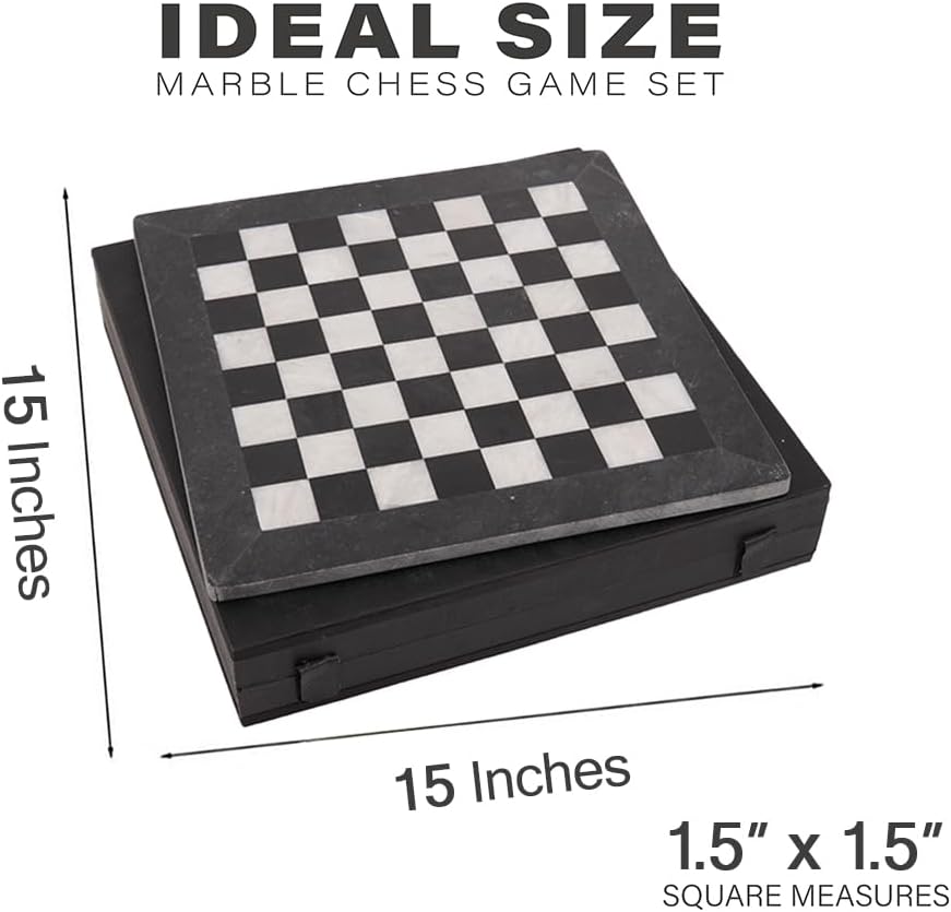 Handmade Marble Chess Set - 15" Board, 34 Hand-Polished Pieces, Storage Box