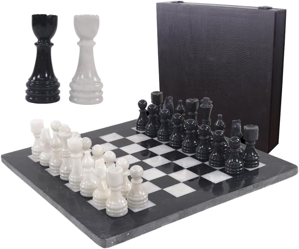 Handmade Marble Chess Set - 15" Board, 34 Hand-Polished Pieces, Storage Box