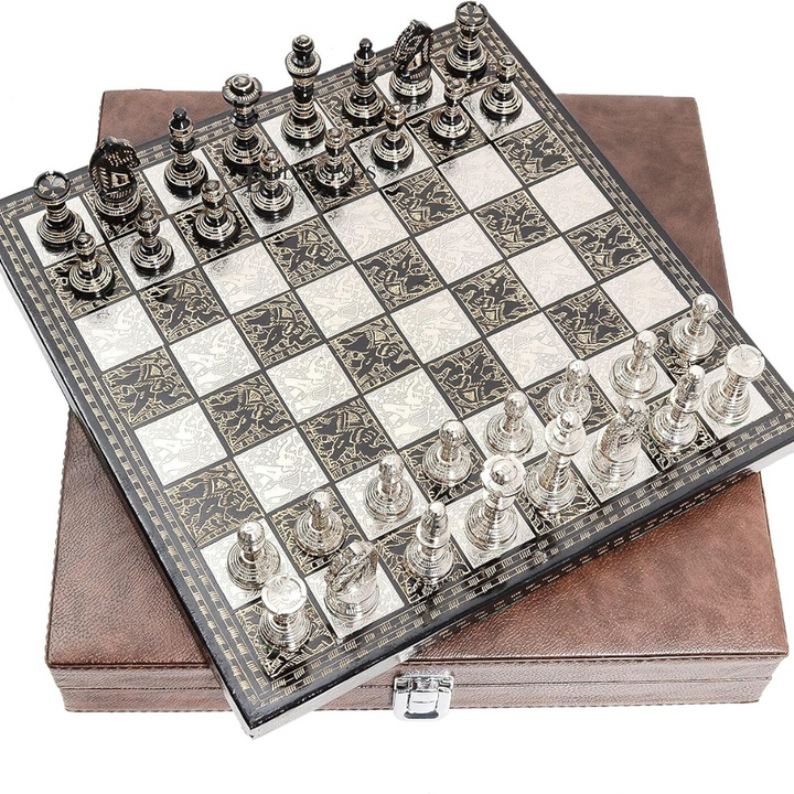 Staunton Inspired Brass Metal Luxury Chess Pieces & Board Set-12"-Silver & Black