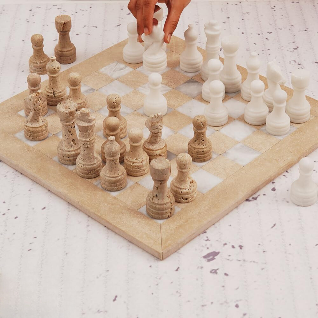 Marble Chess Set Verona and White with 2 Extra Queens and Complimentary Storage Box -15 Inches