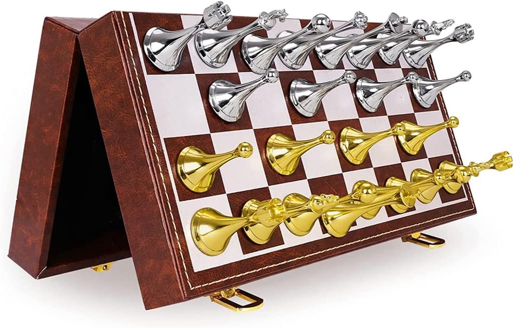 Deluxe Magnetic Travel Chess Set with Weighted Metal Pieces and Folding Wooden Board