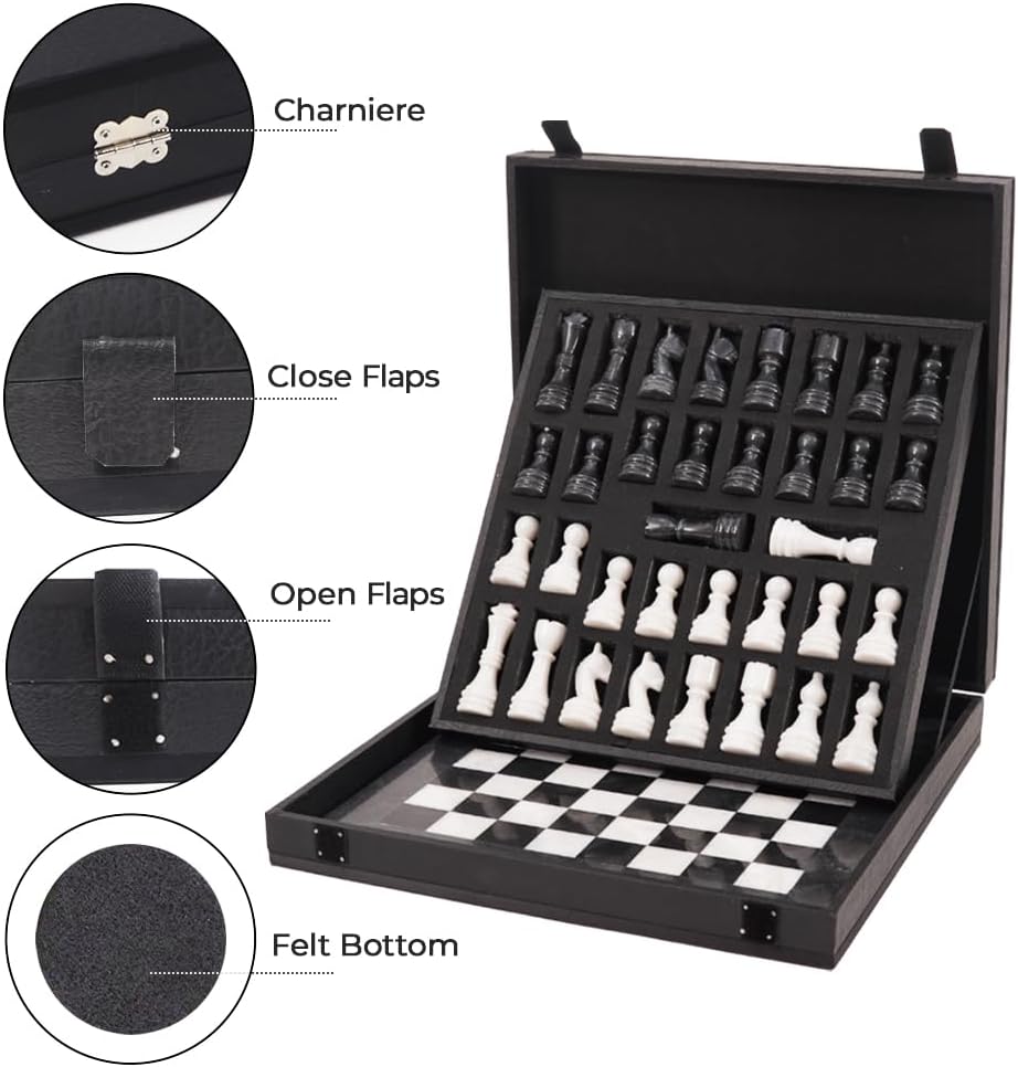 Handmade Marble Chess Set - 15" Board, 34 Hand-Polished Pieces, Storage Box