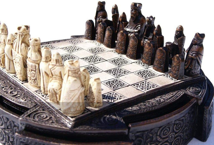 Isle of Lewis Chess Set - Compact 9 inch Resin Chess Cabinet and Chessmen - Brown