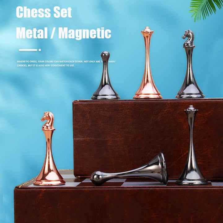 Deluxe Magnetic Travel Chess Set with Weighted Metal Pieces and Folding Wooden Board