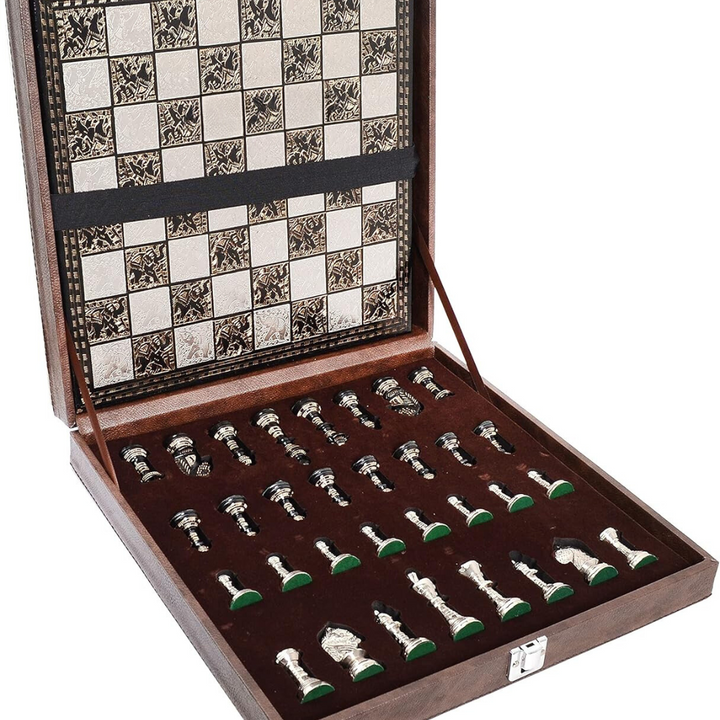 Staunton Inspired Brass Metal Luxury Chess Pieces & Board Set-12"-Silver & Black