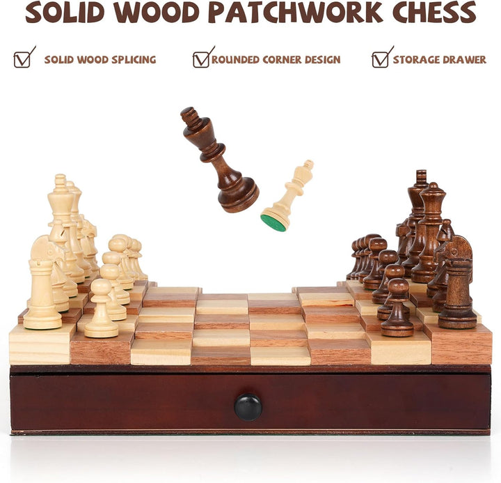 3D Wooden Chess Set with Storage Drawer 12"