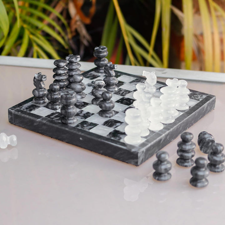 Mini Onyx and Marble Chess Set Grey Ivory Marblestone Mexico Sets