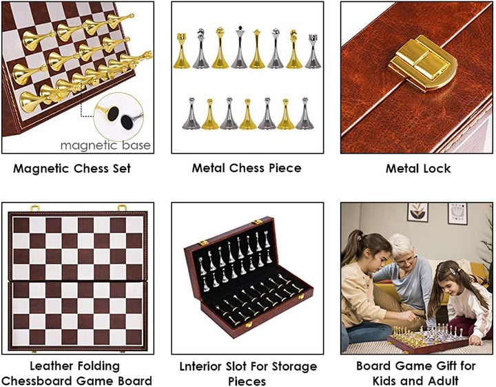 Deluxe Magnetic Travel Chess Set with Weighted Metal Pieces and Folding Wooden Board