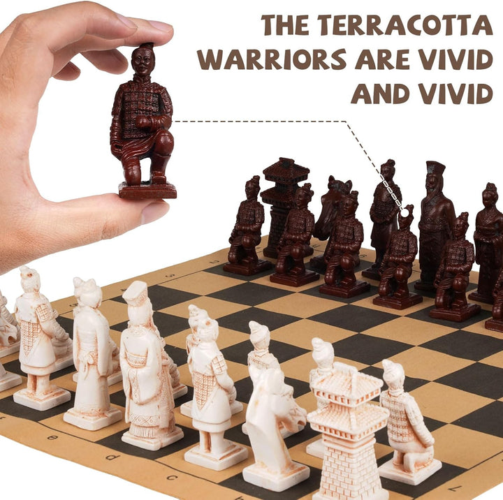 Terracotta Warriors Chess Set - Resin Chess Pieces with Leather Chess Board, Portable 16.5inch