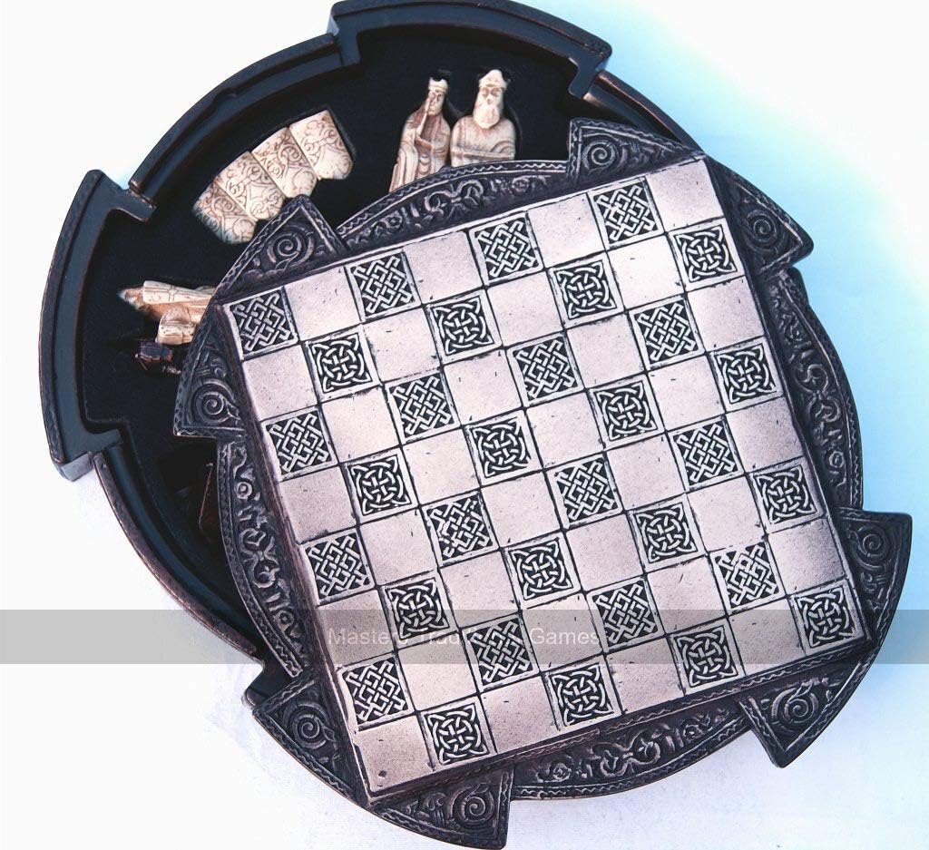 Isle of Lewis Chess Set - Compact 9 inch Resin Chess Cabinet and Chessmen - Brown