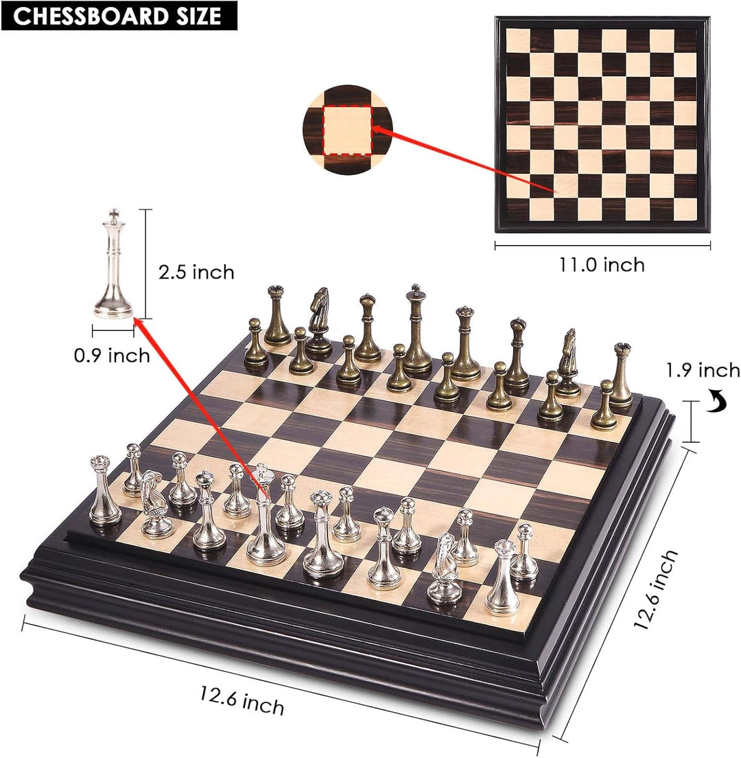 Wooden Chess Set with Metal Chess Pieces 12.5 Inches