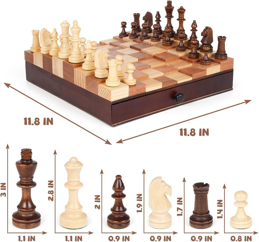 3D Wooden Chess Set with Storage Drawer 12"