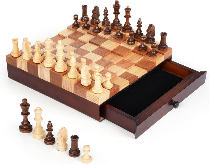 3D Wooden Chess Set with Storage Drawer 12"