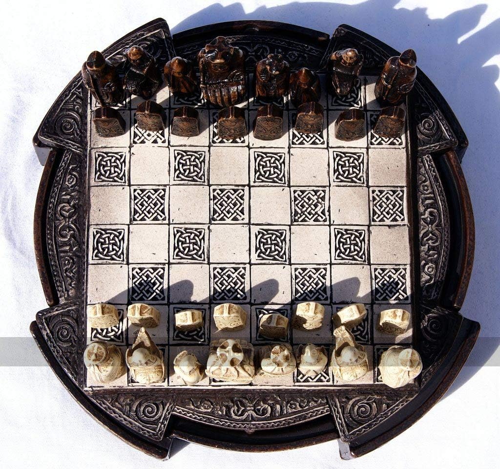 Isle of Lewis Chess Set - Compact 9 inch Resin Chess Cabinet and Chessmen - Brown