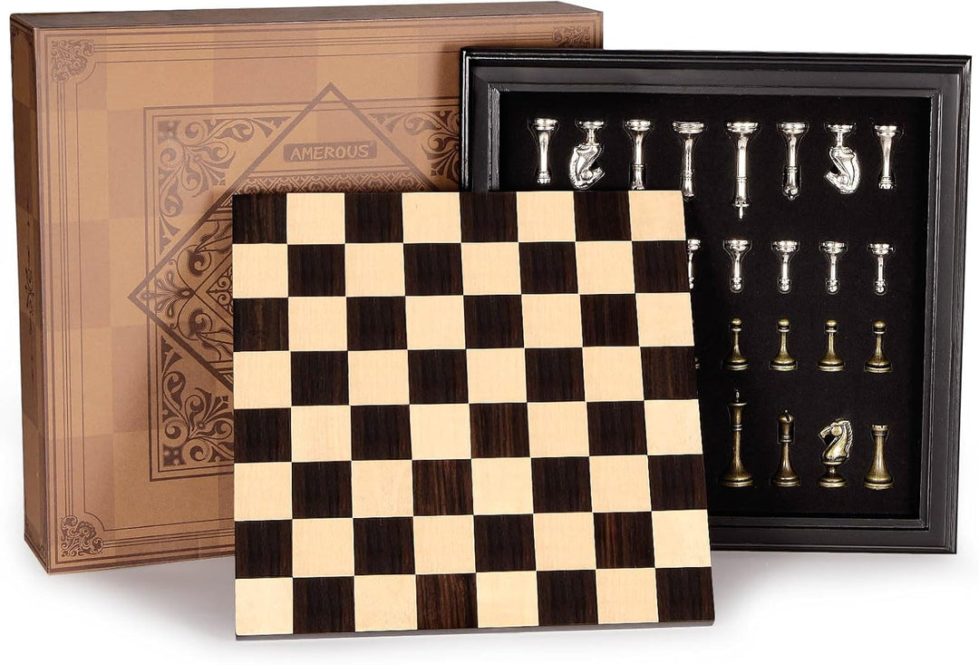 Wooden Chess Set with Metal Chess Pieces 12.5 Inches