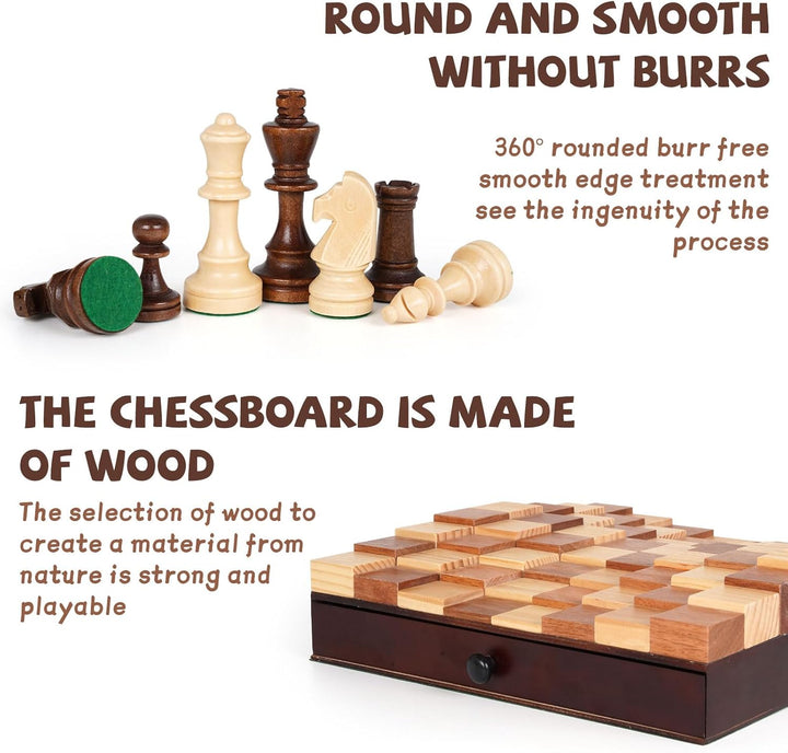 3D Wooden Chess Set with Storage Drawer 12"