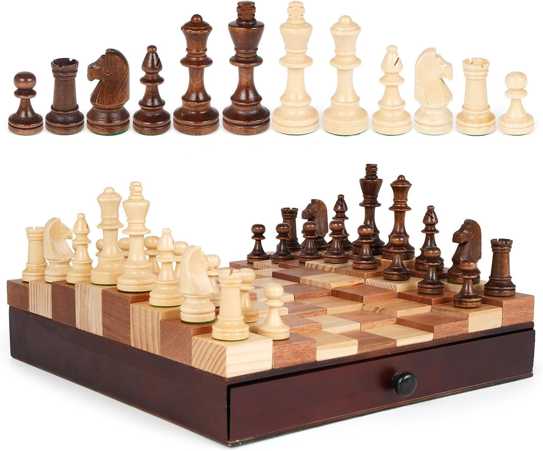 3D Wooden Chess Set with Storage Drawer 12"