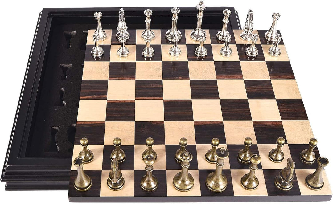 Wooden Chess Set with Metal Chess Pieces 12.5 Inches