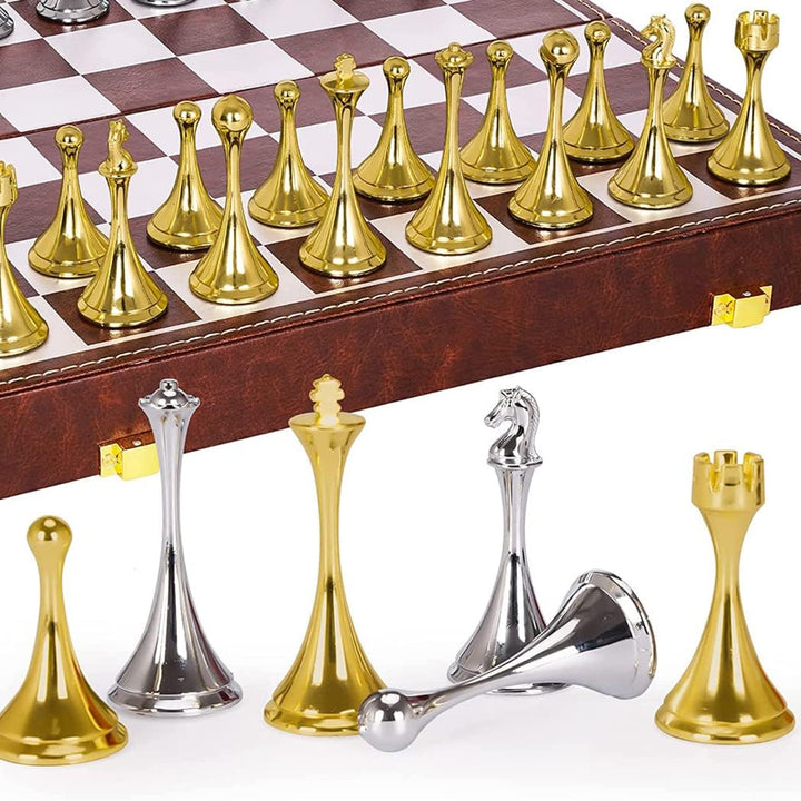 Deluxe Magnetic Travel Chess Set with Weighted Metal Pieces and Folding Wooden Board