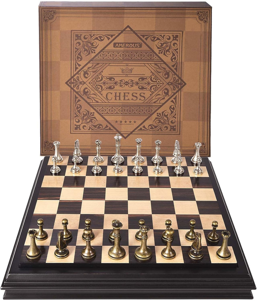 Wooden Chess Set with Metal Chess Pieces 12.5 Inches