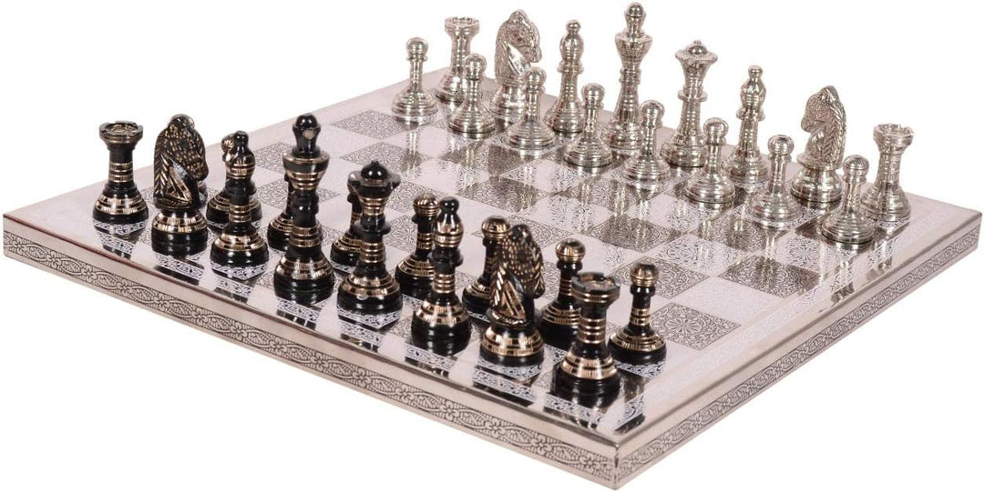 Staunton Inspired Brass Metal Luxury Chess Pieces & Board Set-12"-Silver & Black