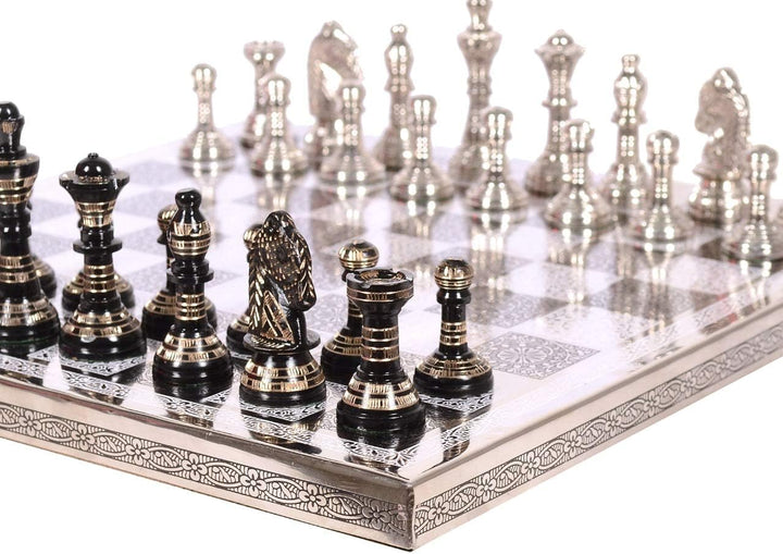 Staunton Inspired Brass Metal Luxury Chess Pieces & Board Set-12"-Silver & Black