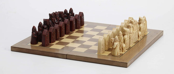 Isle of Lewis Style Chessmen with Board Hand Painted Resin Wood Ivory Finish 2.5 Inches