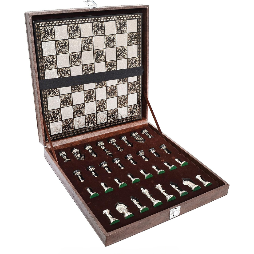 Staunton Inspired Brass Metal Luxury Chess Pieces & Board Set-12"-Silver & Black