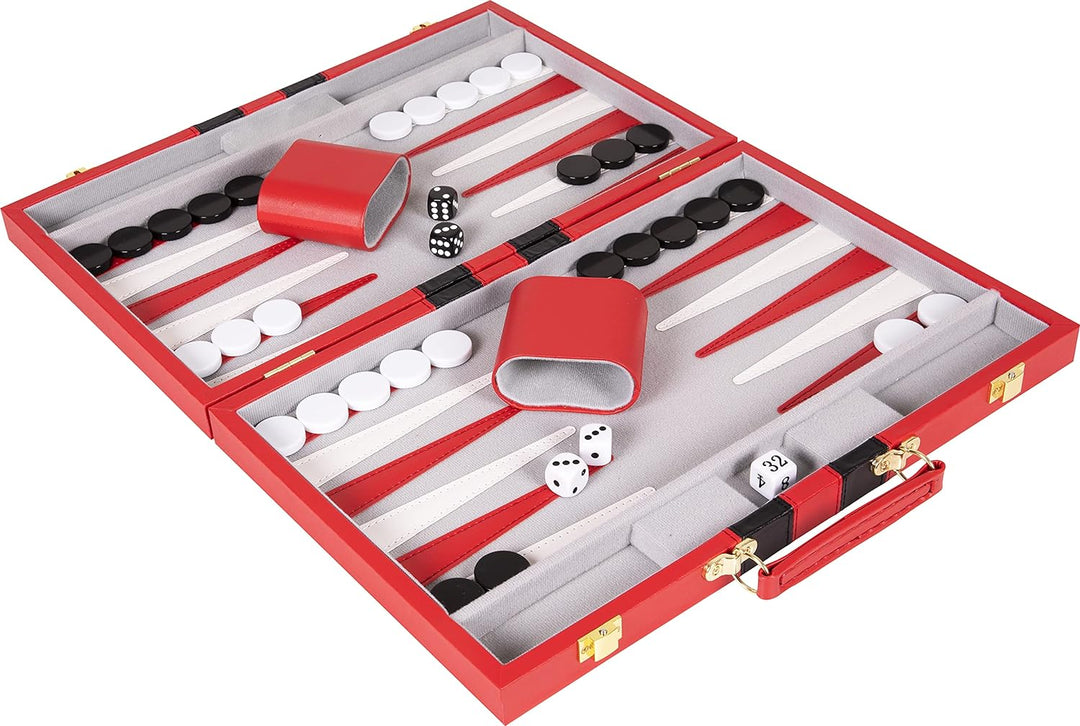 Backgammon Set - Classic Board Game in Red for Adults and Kids with Premium Leather Case - with Strategy & Tip Guide