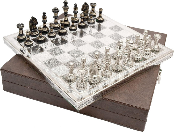 Staunton Inspired Brass Metal Luxury Chess Pieces & Board Set-12"-Silver & Black