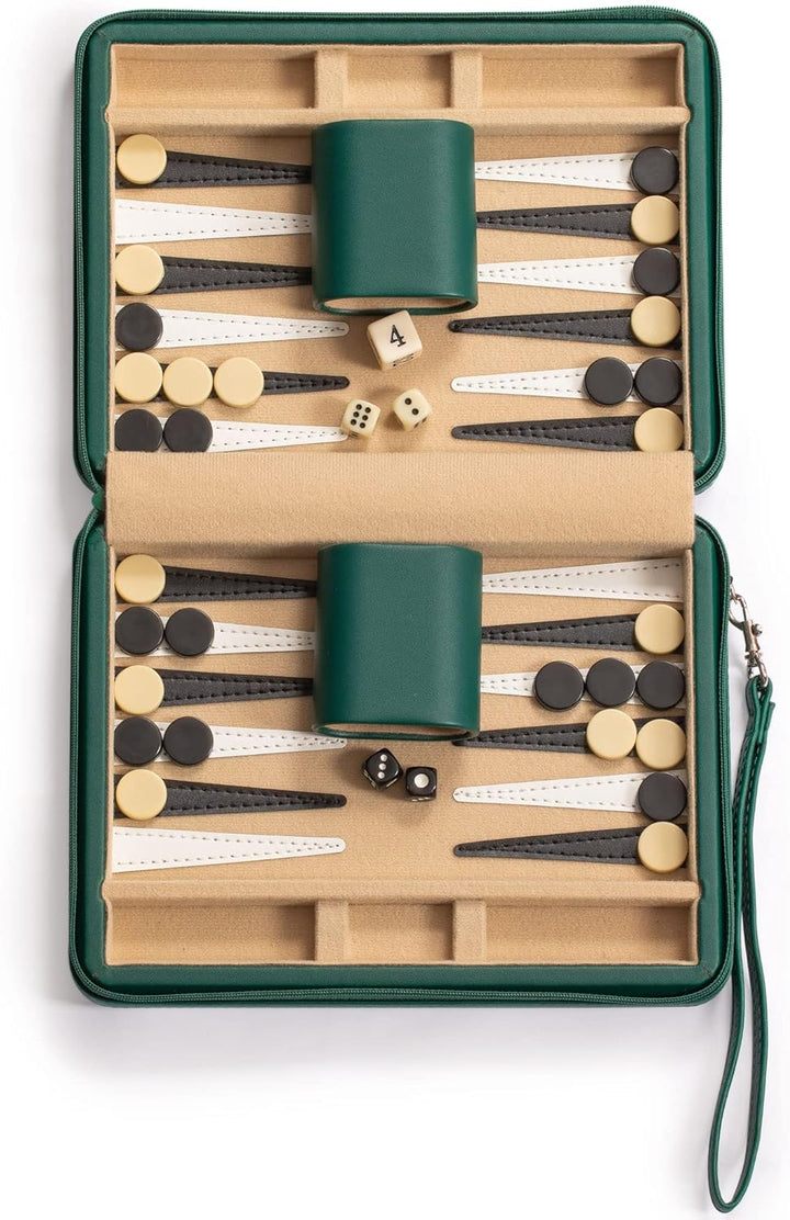 Travel Size Backgammon Mini Game Set, Magnetic Checkers and 9-inch Board in Sleek Leatherette Case - Classic Strategy Board Game