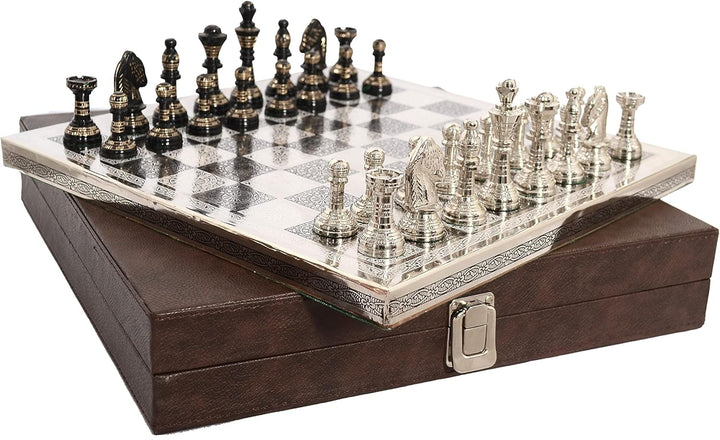 Staunton Inspired Brass Metal Luxury Chess Pieces & Board Set-12"-Silver & Black