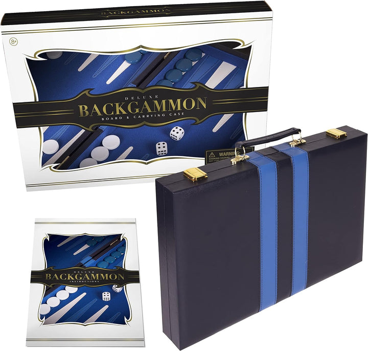 Backgammon Set - Classic Board Game in Blue for Adults and Kids with Premium Leather Case - with Strategy & Tip Guide