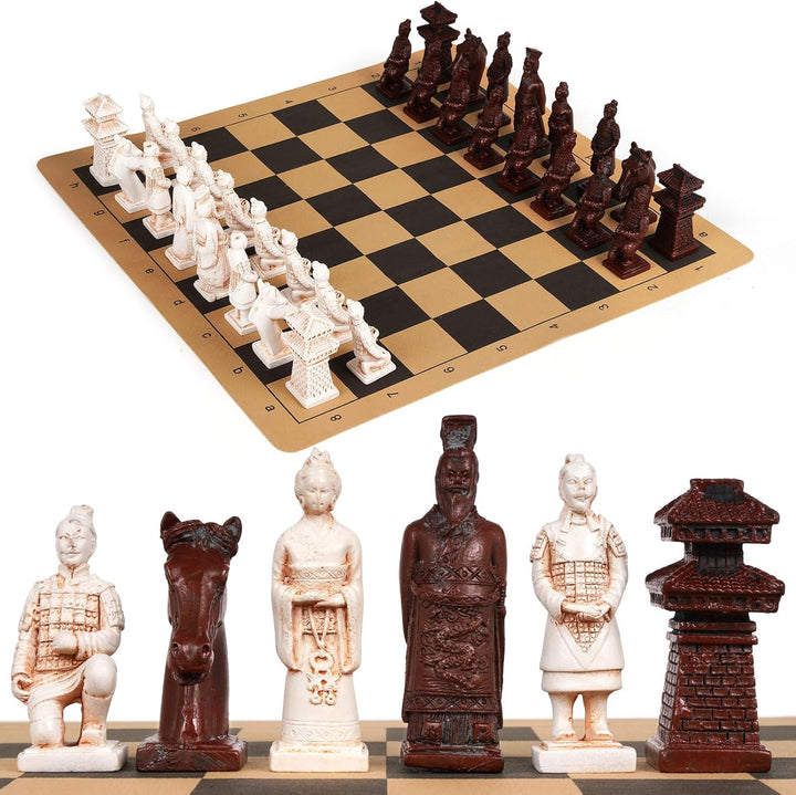 Terracotta Warriors Chess Set - Resin Chess Pieces with Leather Chess Board, Portable 16.5inch