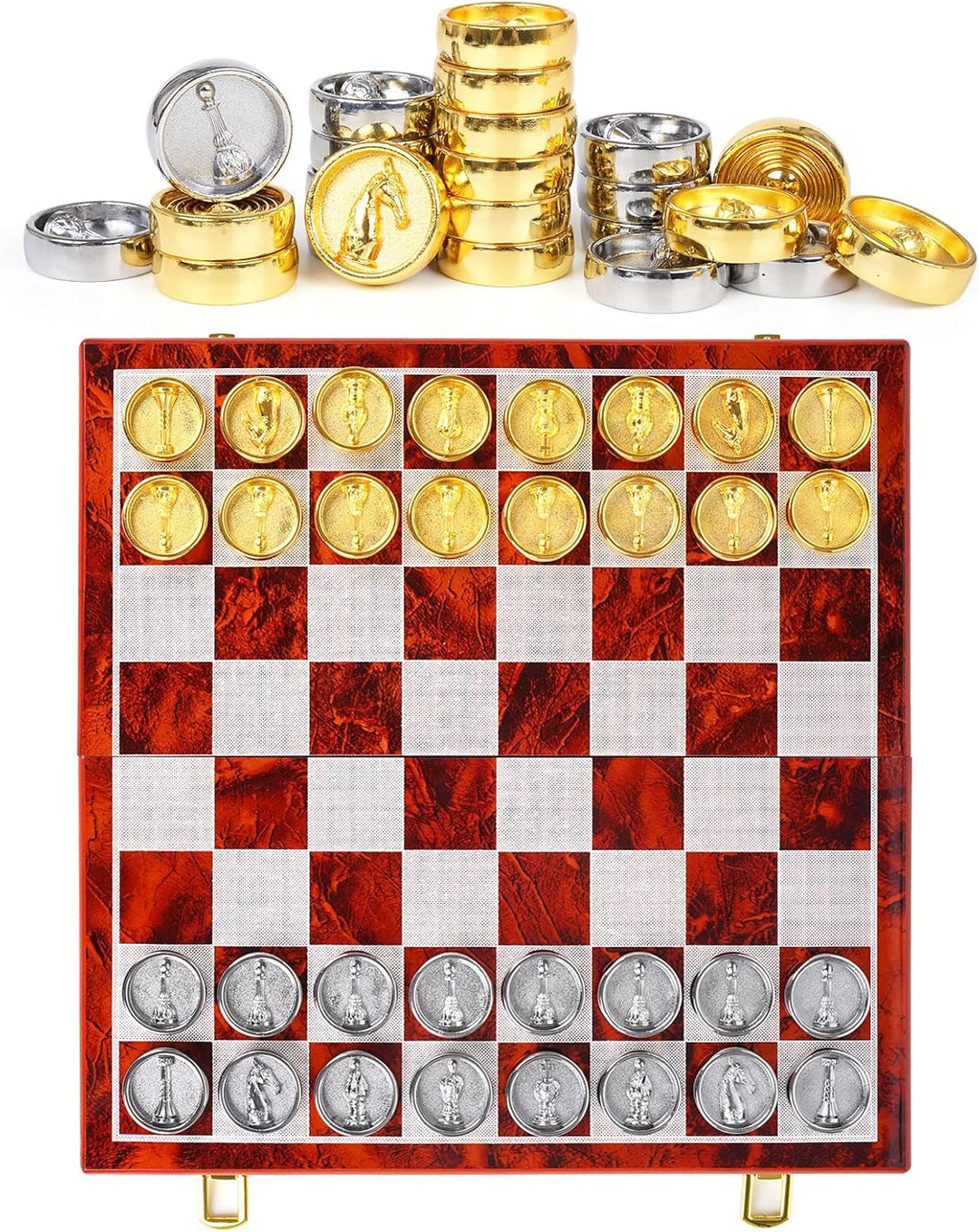 2-in-1 Metal Chess and Checkers Set- Travel Chess Sets Luxury Wooden Foldable Chessboard with Storage