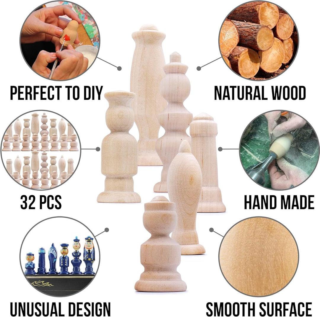 Unpainted Chess Pieces Only Set of 32 pcs - Unpainted Chess Sets for DIY