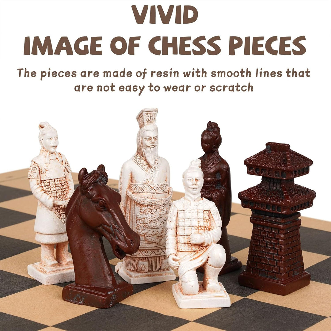 Terracotta Warriors Chess Set - Resin Chess Pieces with Leather Chess Board, Portable 16.5inch