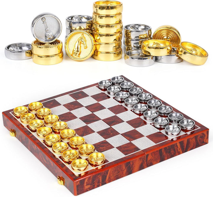 2-in-1 Metal Chess and Checkers Set- Travel Chess Sets Luxury Wooden Foldable Chessboard with Storage