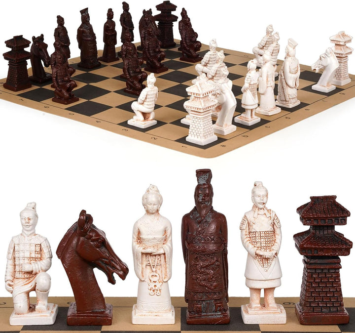 Terracotta Warriors Chess Set - Resin Chess Pieces with Leather Chess Board, Portable 16.5inch