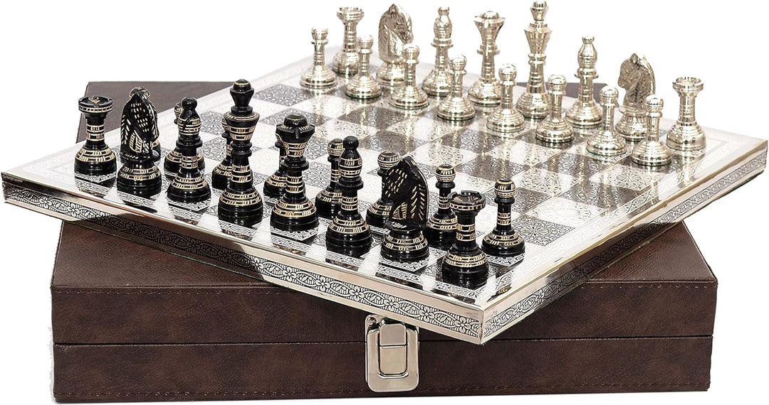 Staunton Inspired Brass Metal Luxury Chess Pieces & Board Set-12"-Silver & Black