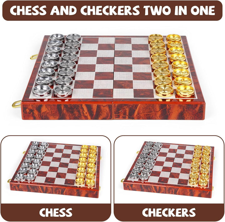 2-in-1 Metal Chess and Checkers Set- Travel Chess Sets Luxury Wooden Foldable Chessboard with Storage