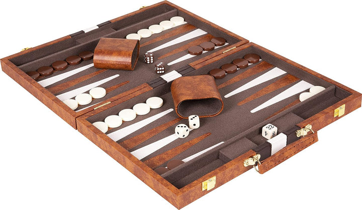 Backgammon Set - Classic Board Game in Brown for Adults and Kids with Premium Leather Case - with Strategy & Tip Guide