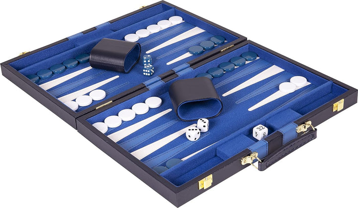 Backgammon Set - Classic Board Game in Blue for Adults and Kids with Premium Leather Case - with Strategy & Tip Guide